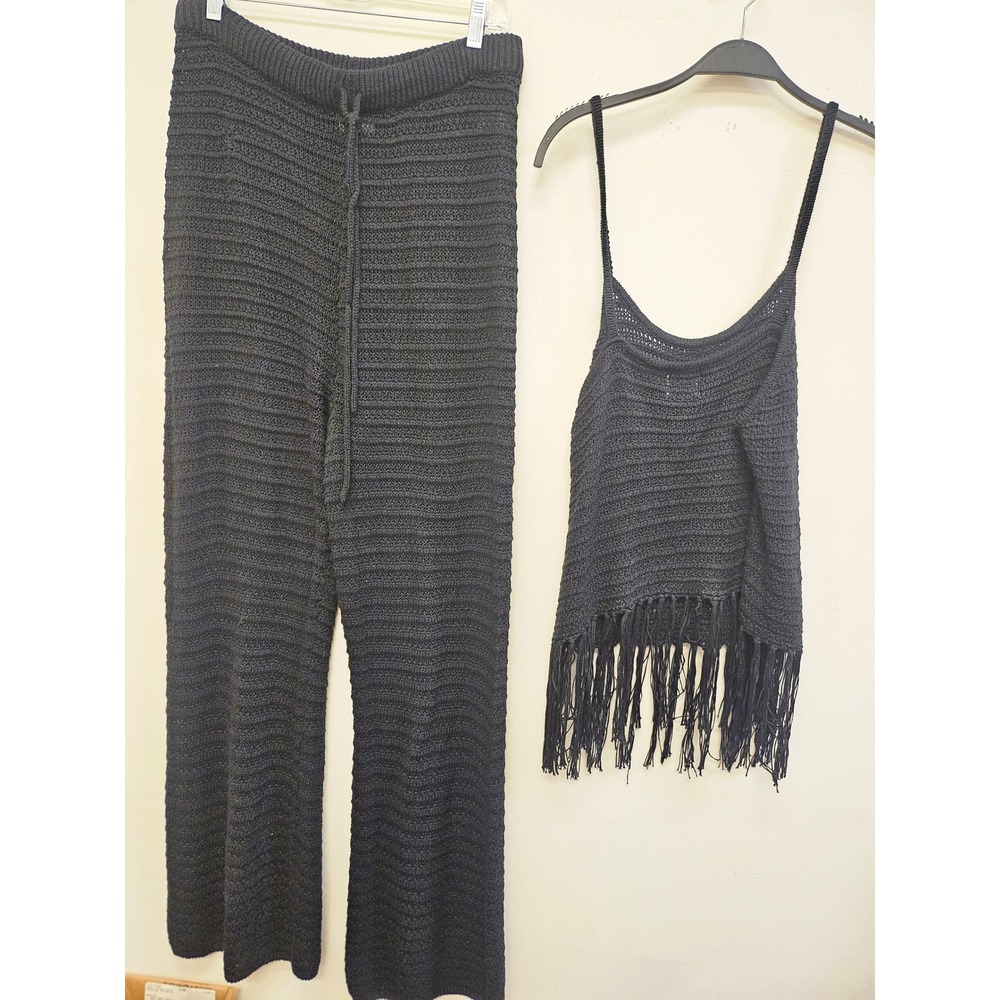 FCT With Love Black Crochet 2 Piece Set Fringe Top Wide Leg Pants Size 3X L